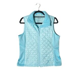 LL Bean Women Quilted Puffer Vest Medium Sleeveless Full Zip Blue Jacket Stretch